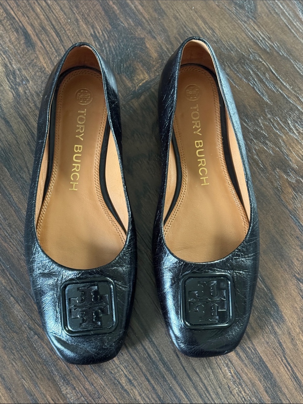 Tory Burch Black Leather Square-Toe Logo Flats